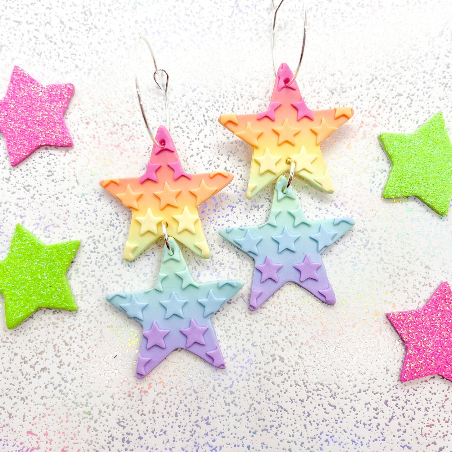 Pastel rainbow ombre double star dangles