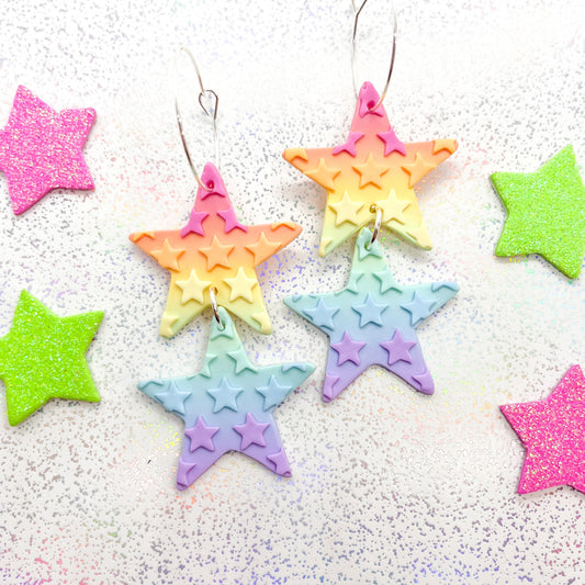 Pastel rainbow ombre double star dangles