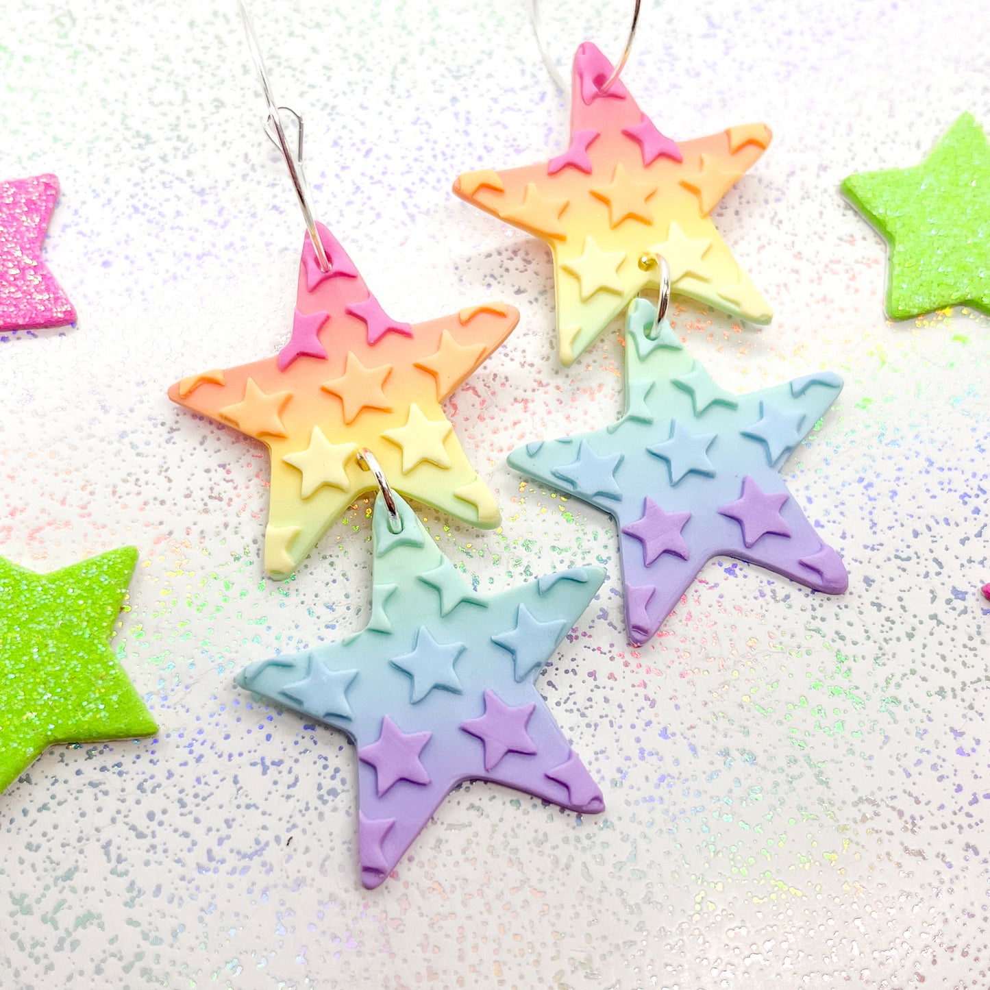 Pastel rainbow ombre double star dangles