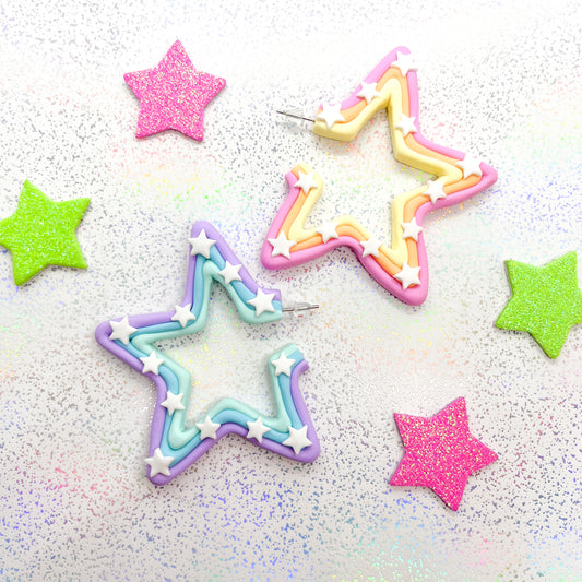 Mismatched pastel rainbow star hoops