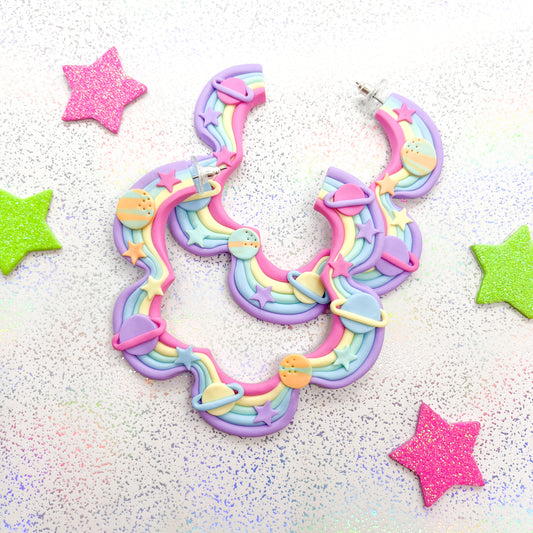 Pastel rainbow galaxy squiggle hoops