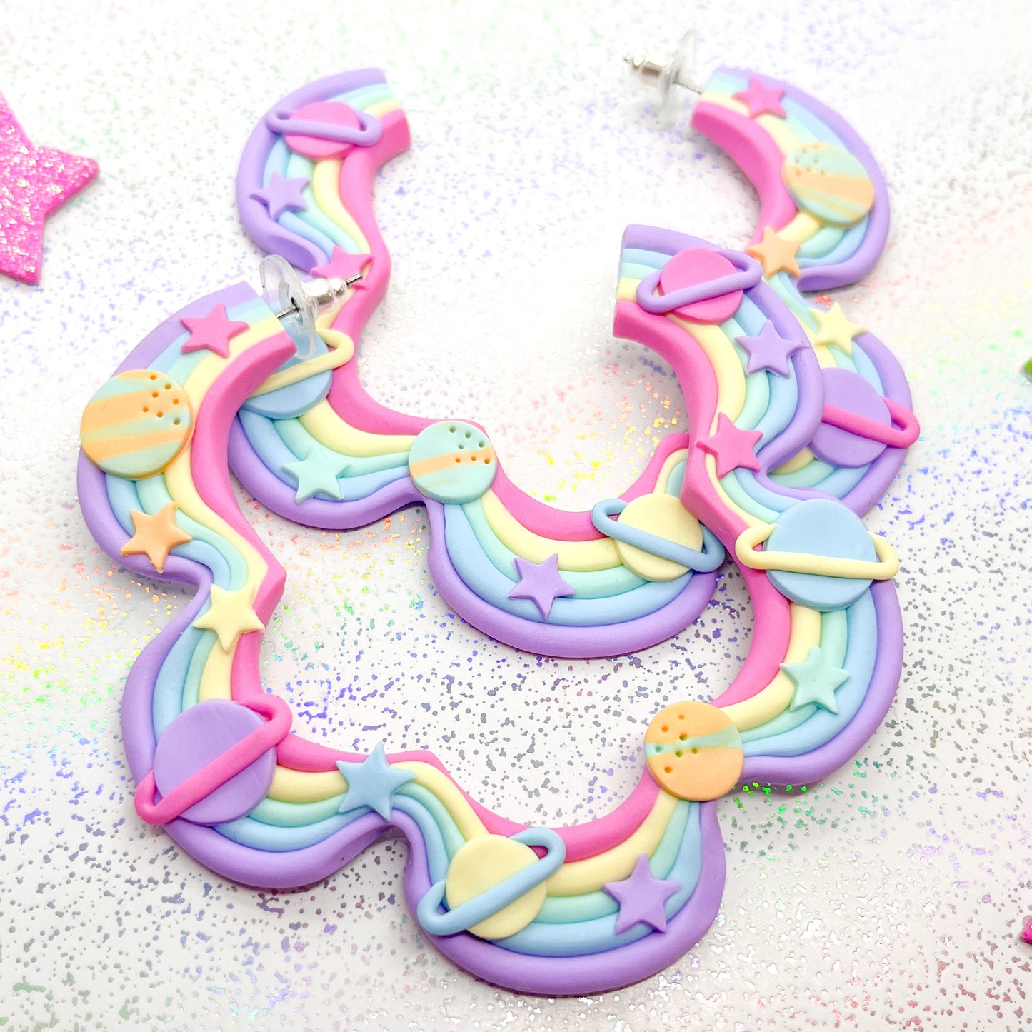 Pastel rainbow galaxy squiggle hoops