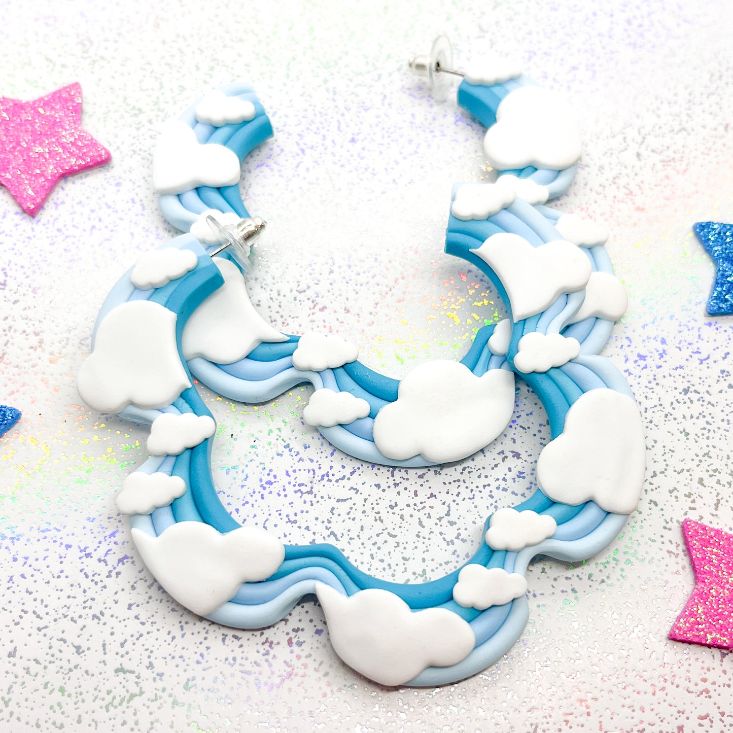 Blue ombre cloudy skies squiggle hoops