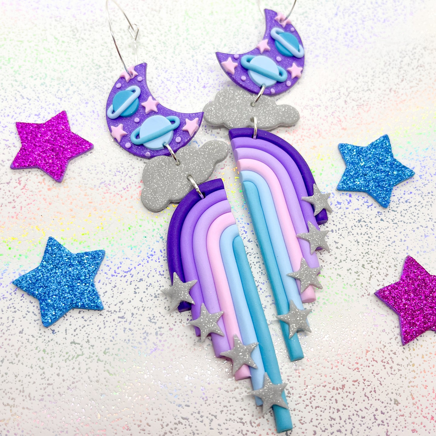 Purple to blue glitter galaxy lunar dangles