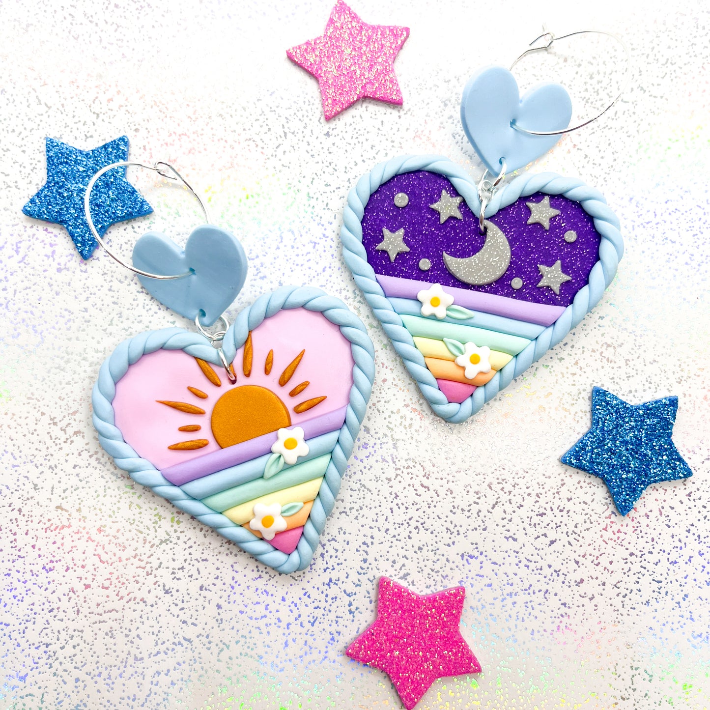 Mismatched sunrise/sunset rainbow heart dangles