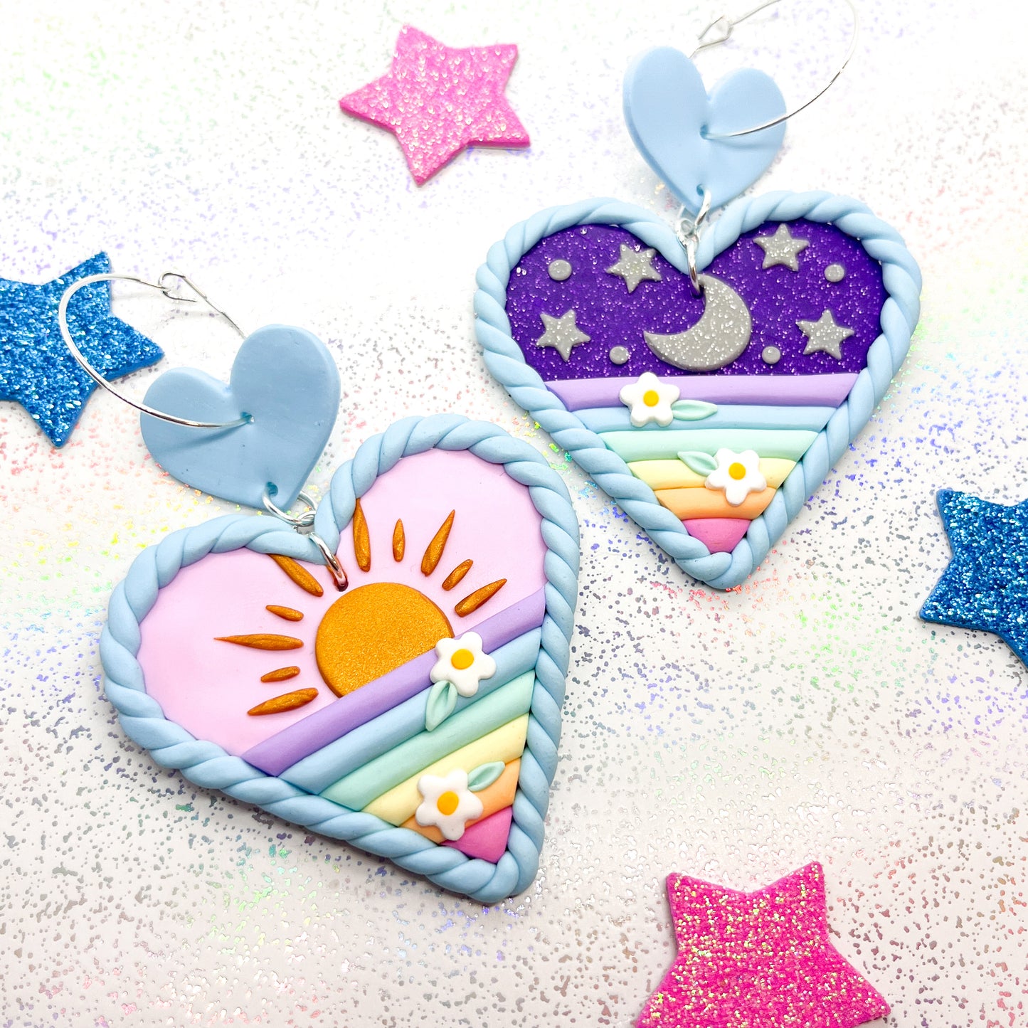 Mismatched sunrise/sunset rainbow heart dangles