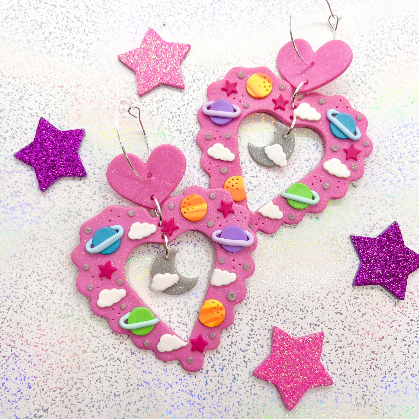 Pink glitter scalloped heart galaxy dangles