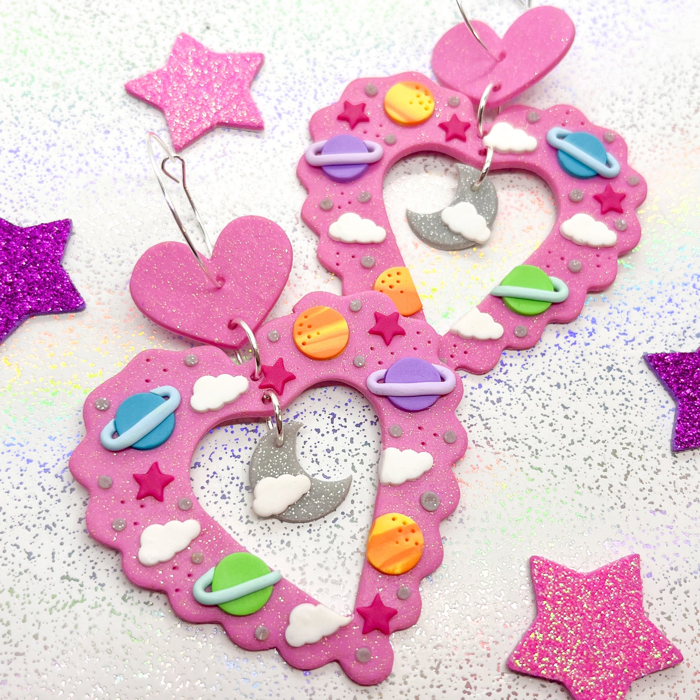 Pink glitter scalloped heart galaxy dangles