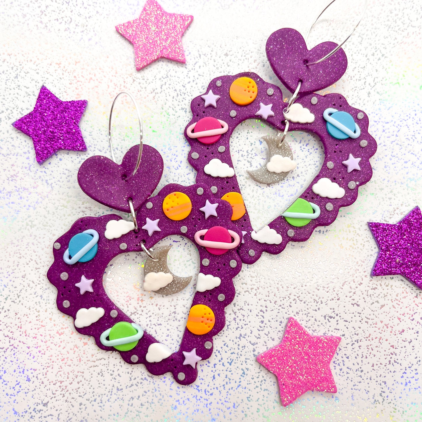 Purple glitter scalloped heart galaxy dangles