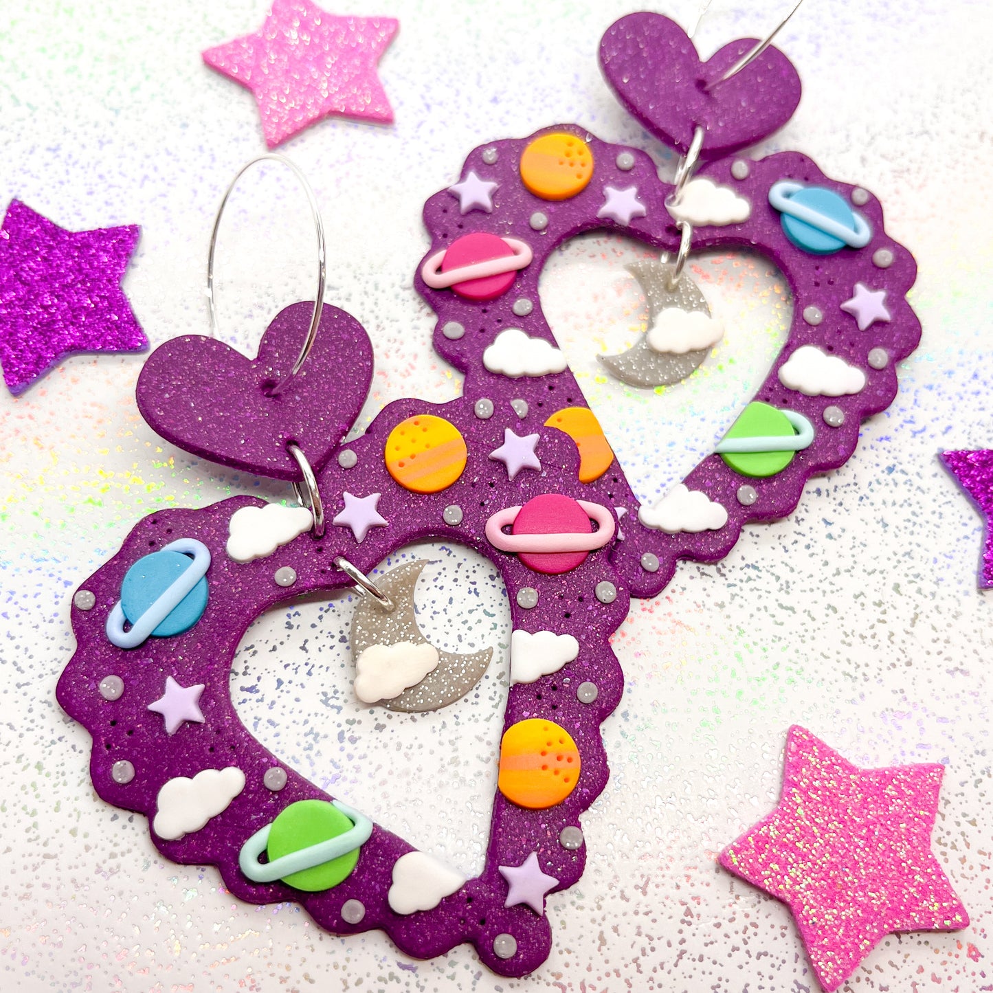 Purple glitter scalloped heart galaxy dangles