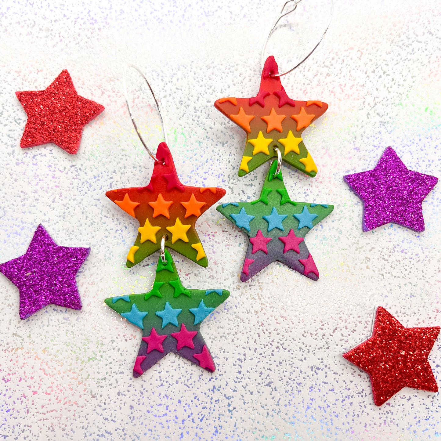 Bright rainbow ombre double star dangles