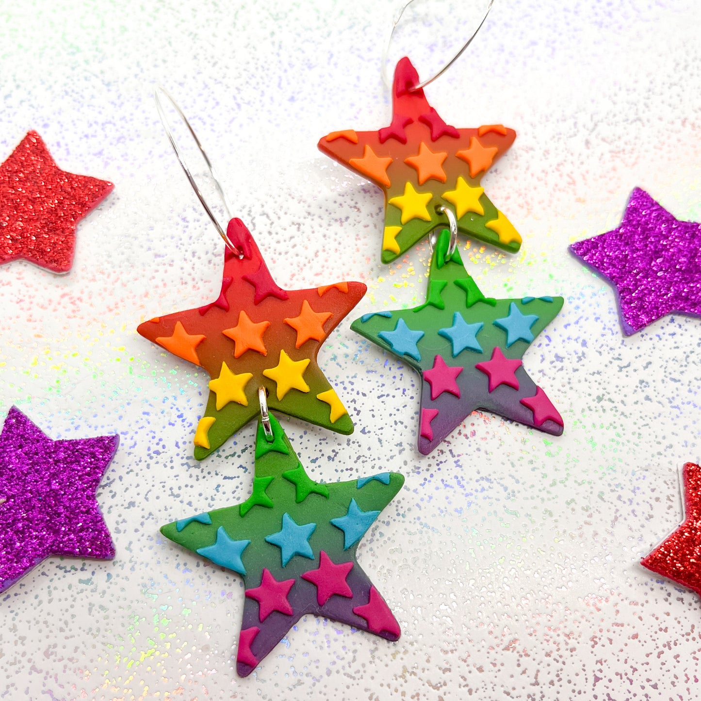 Bright rainbow ombre double star dangles