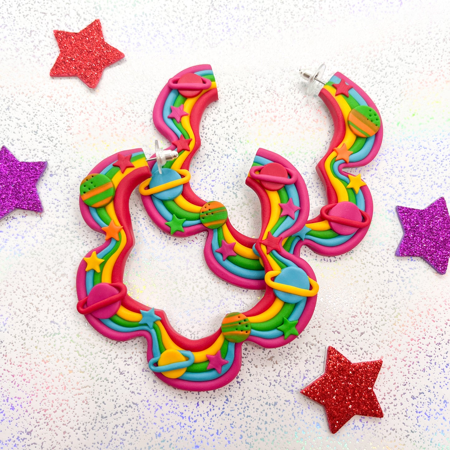 Bright rainbow galaxy squiggle hoops