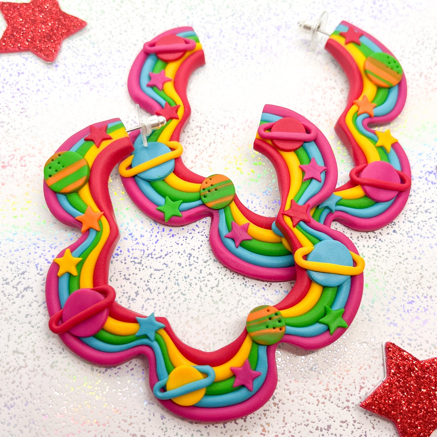 Bright rainbow galaxy squiggle hoops