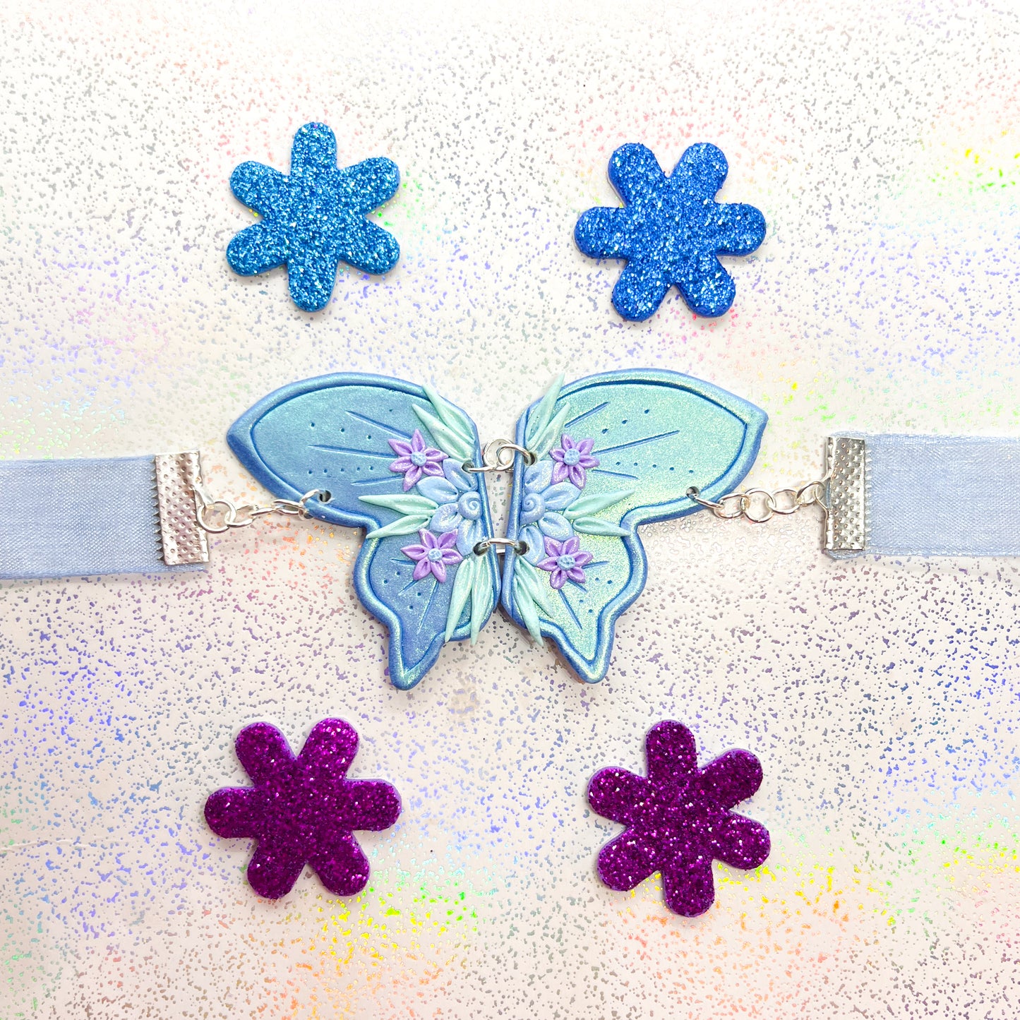 Iridescent blue fairy wing chiffon ribbon choker