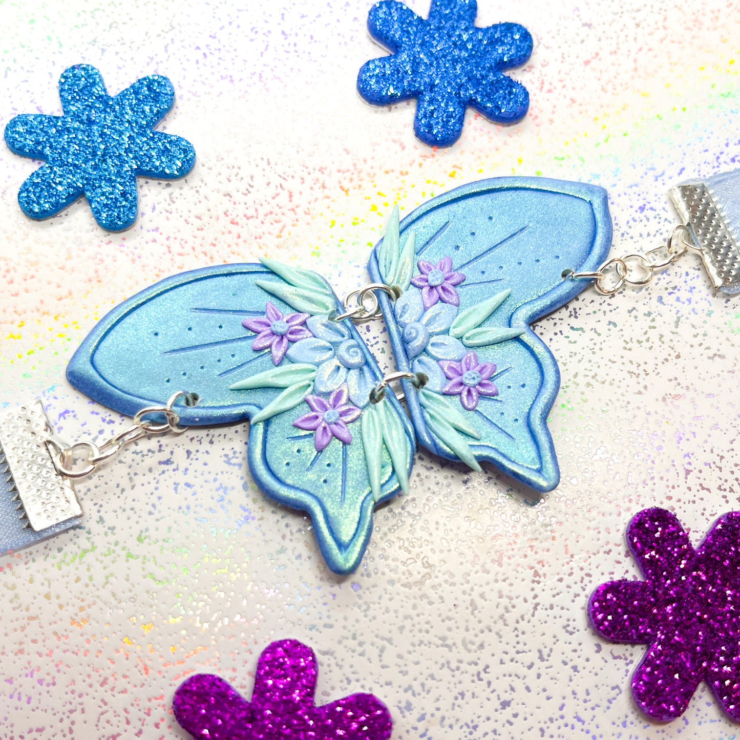 Iridescent blue fairy wing chiffon ribbon choker