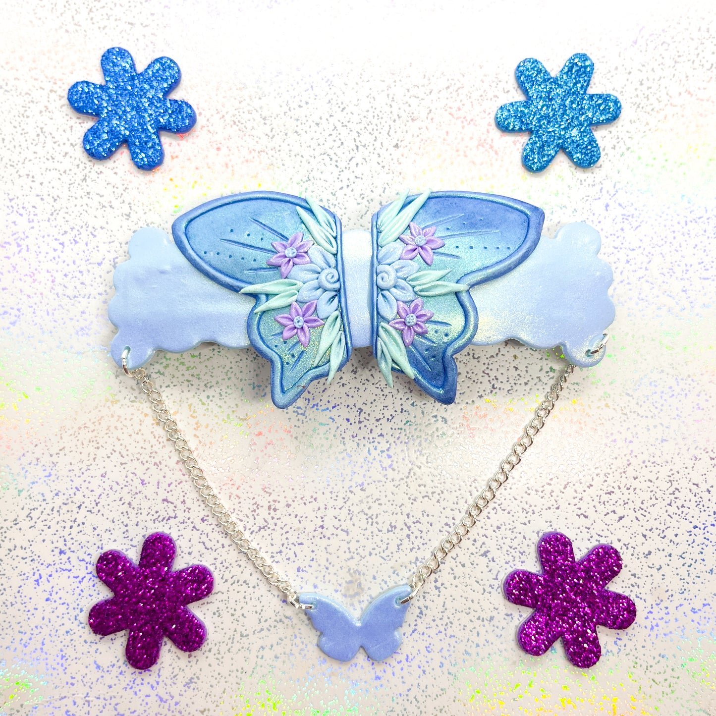 Iridescent blue fairy wing hair barrette