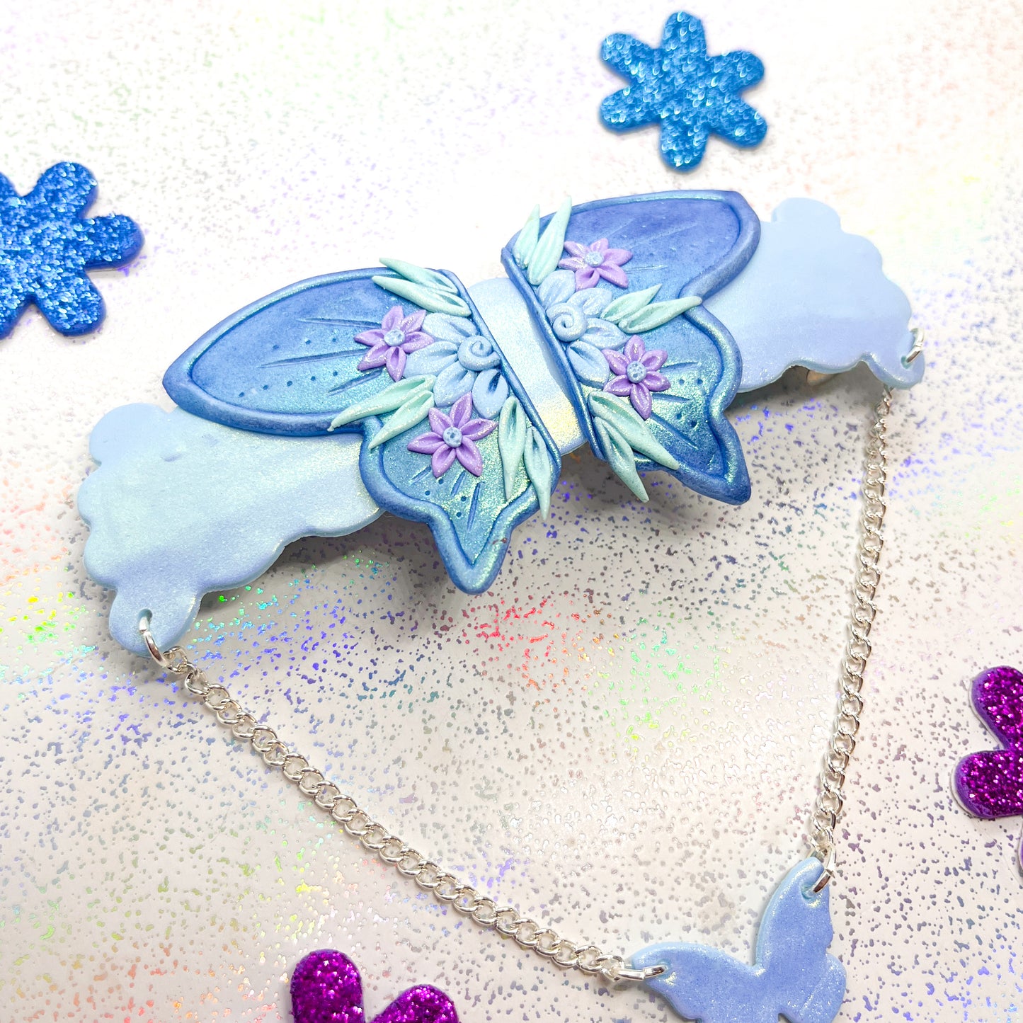 Iridescent blue fairy wing hair barrette