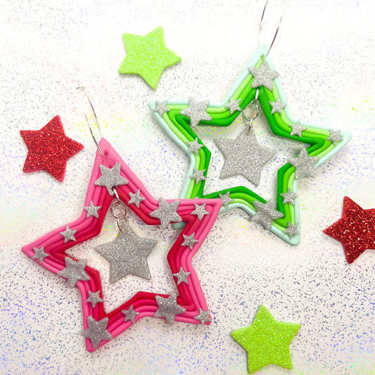 Large mismatched Christmas double star dangles