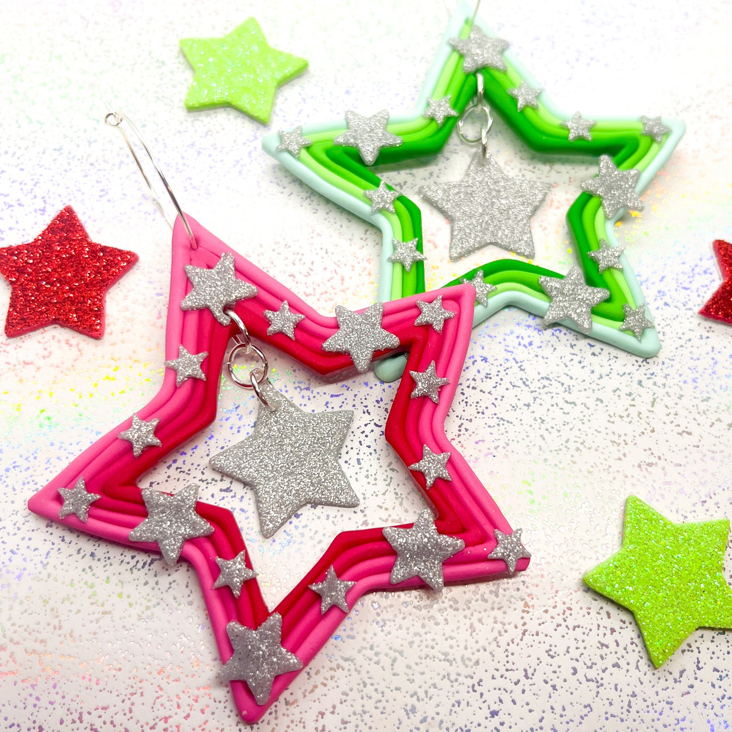 Large mismatched Christmas double star dangles