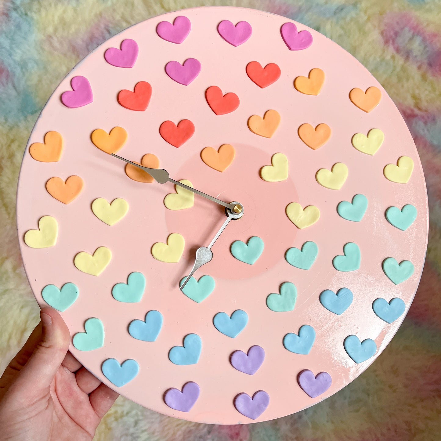 Pastel pink and rainbow heart wall clock