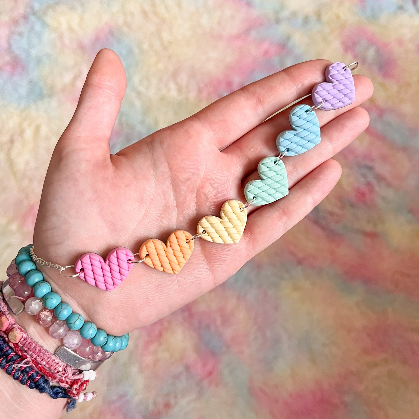 Pastel rainbow knitted heart choker