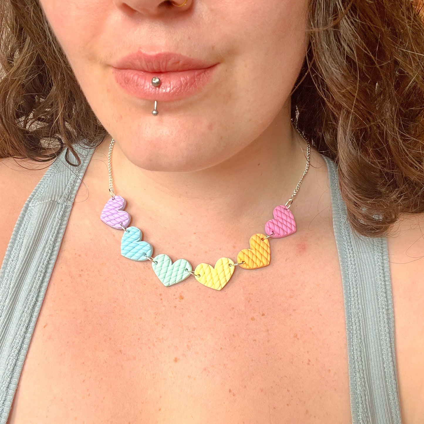 Pastel rainbow knitted heart choker