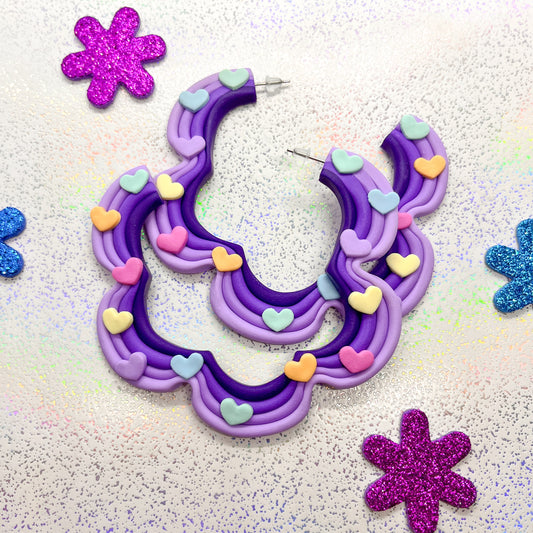 Purple ombre squiggle hoops with rainbow heart details